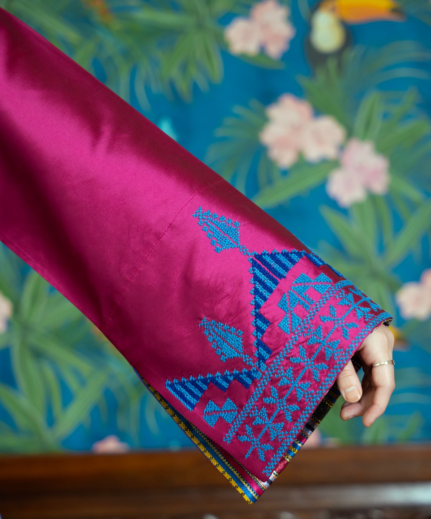 Hand Embroidered Modern Silk Thobe: Pink