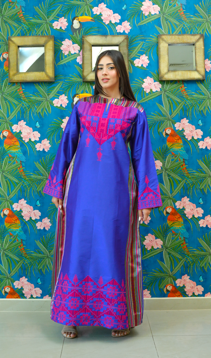 Hand Embroidered Modern Silk Thobe: Blue