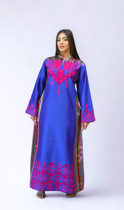 Hand Embroidered Modern Silk Thobe: Blue