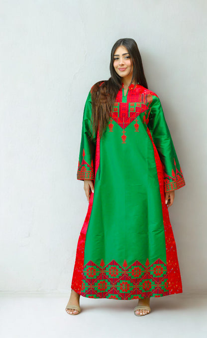 Hand Embroidered Modern Silk Thobe: Green
