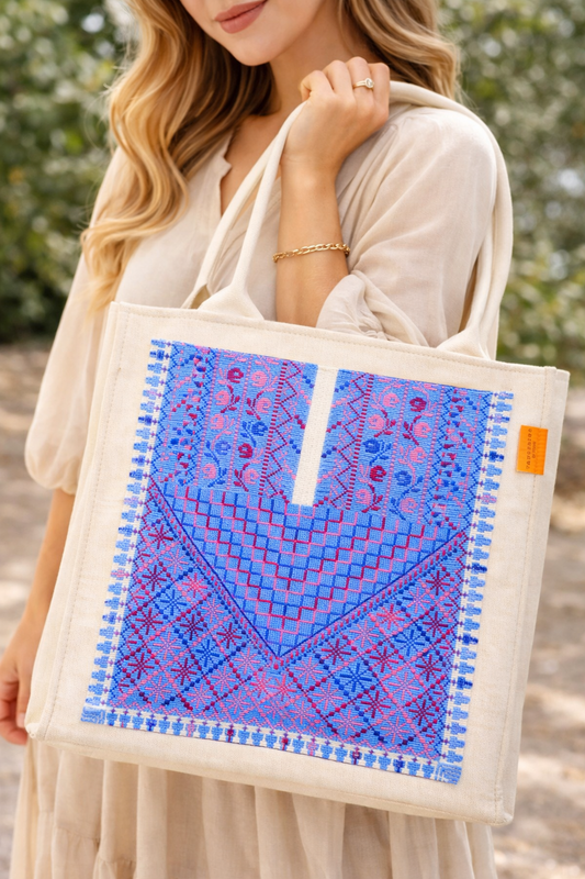 Handmade emroidered tote bag - Blue Yaffa Chest Panel