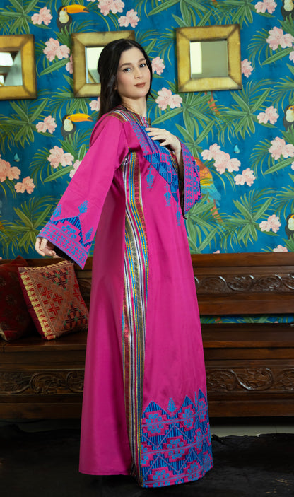 Hand Embroidered Modern Silk Thobe: Pink