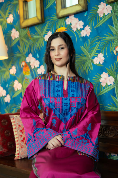 Hand Embroidered Modern Silk Thobe: Pink