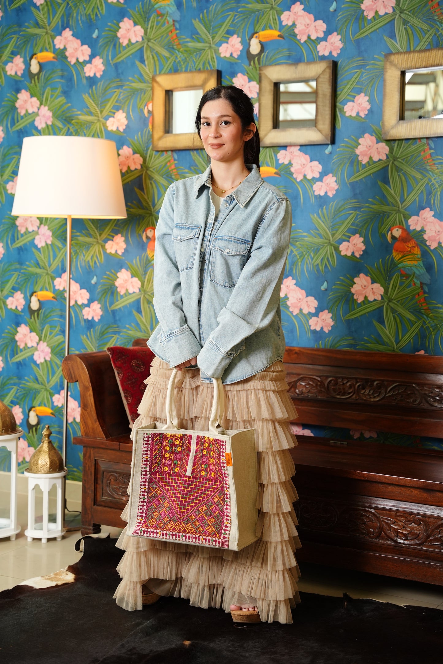 Handmade emroidered tote bag - Maroon Yaffa Chest Panel