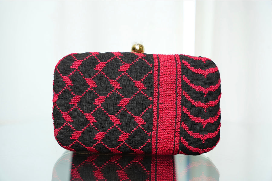 Hand Stitched Kufiya clutch - red on black
