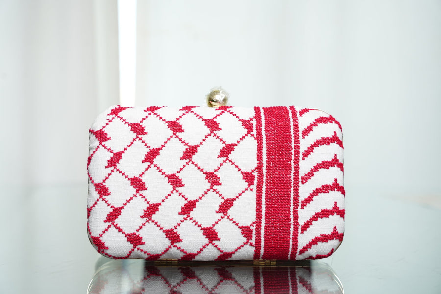 Hand Stitched Kufiya clutch - red on white