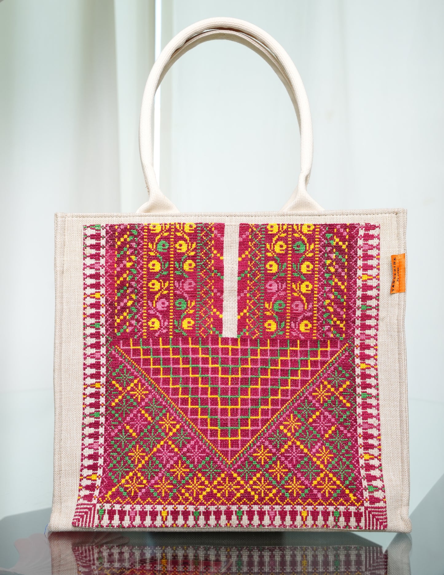 Handmade emroidered tote bag - Maroon Yaffa Chest Panel