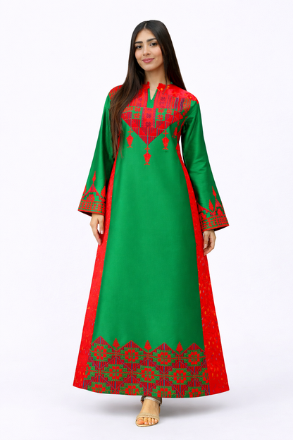 Hand Embroidered Modern Silk Thobe: Green