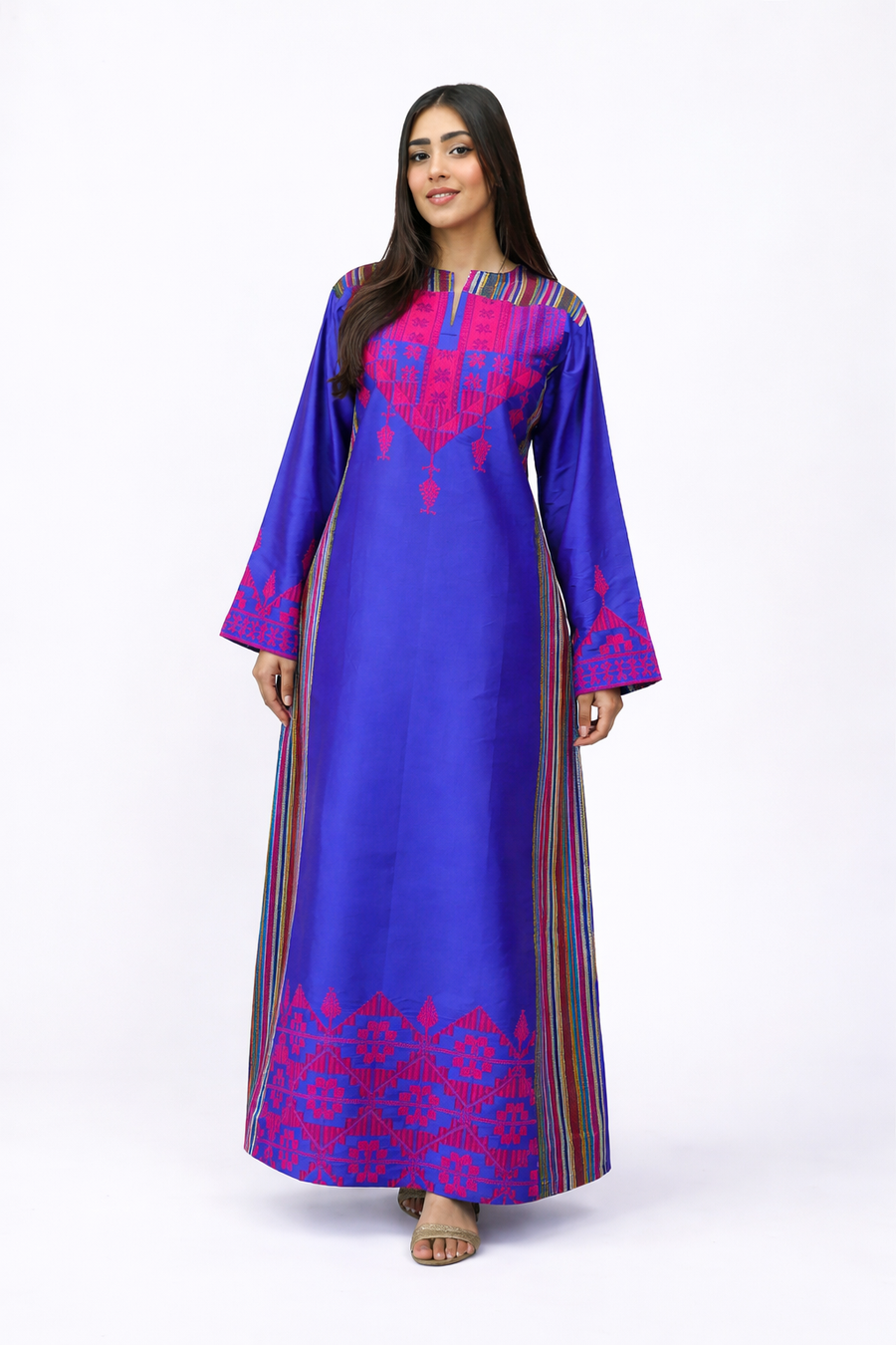 Hand Embroidered Modern Silk Thobe: Blue