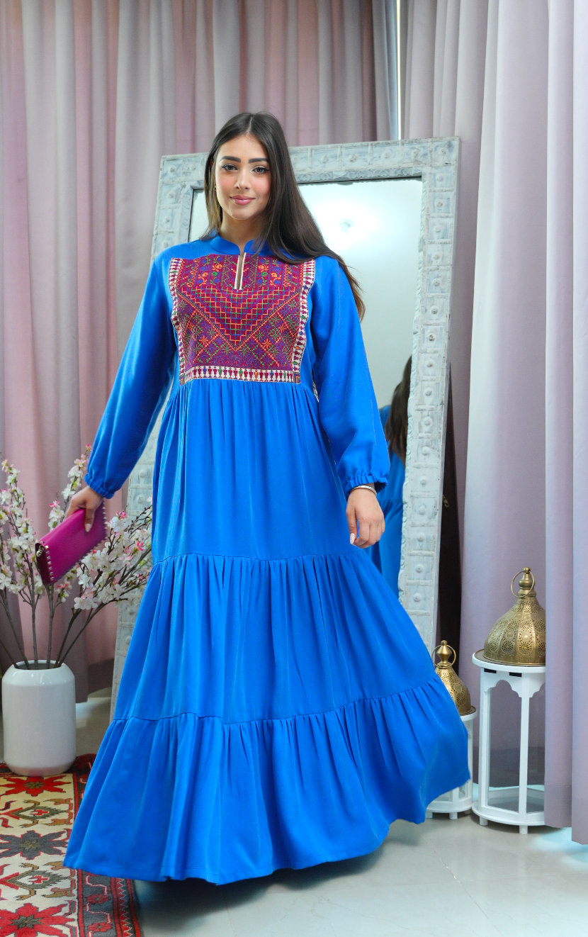 The Dajan dress - Long Sleeve Blue Dress with Hand Embroidered Burgundy chest