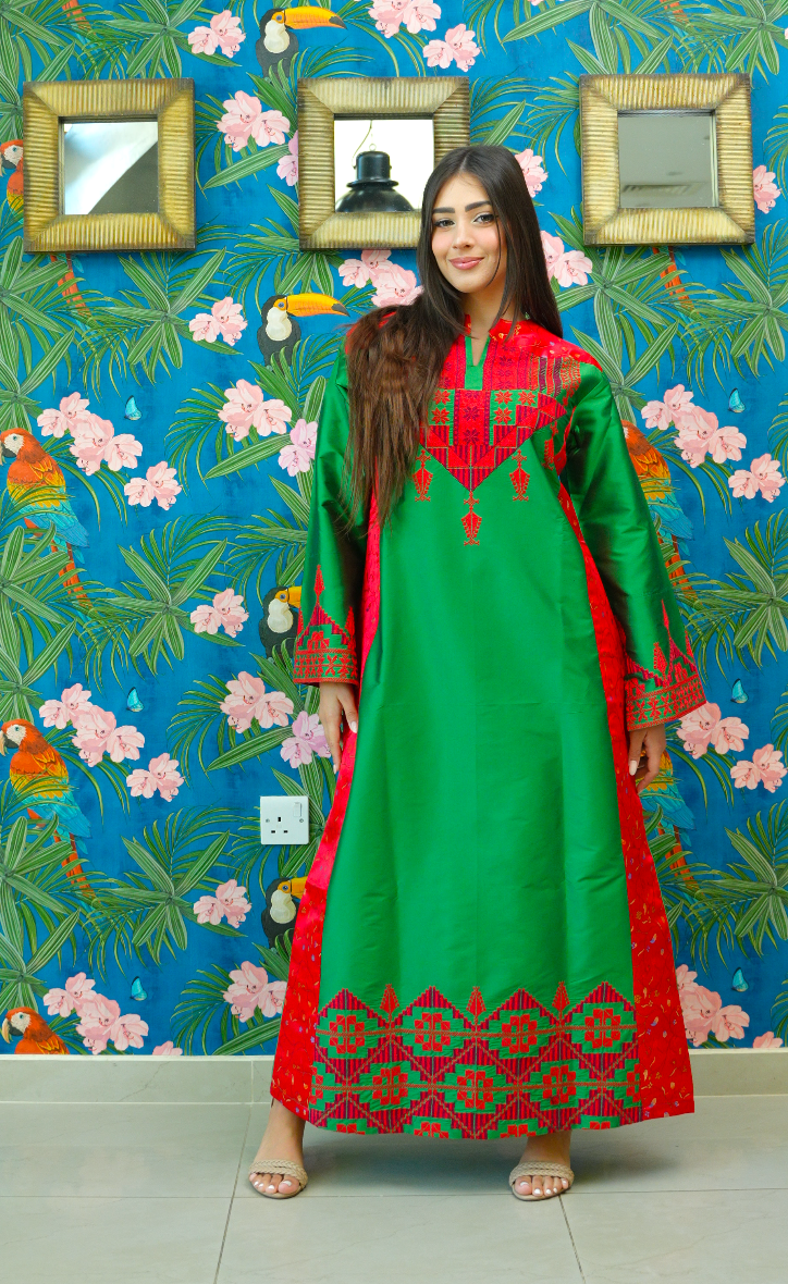 Hand Embroidered Modern Silk Thobe: Green