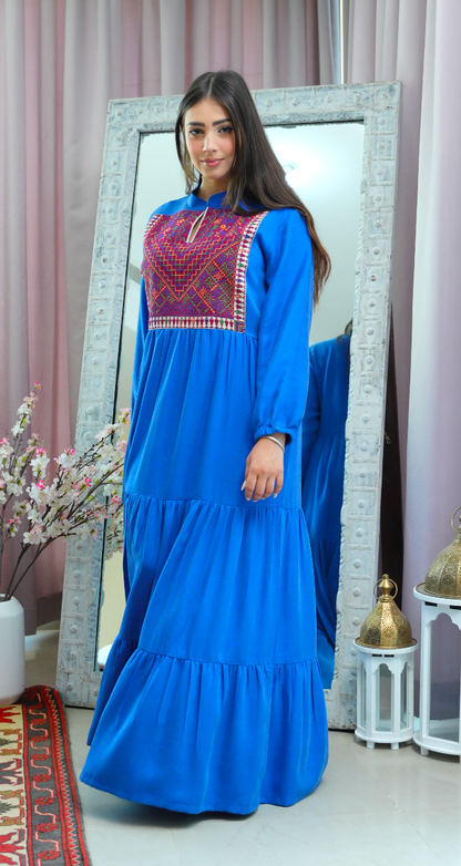 The Dajan dress - Long Sleeve Blue Dress with Hand Embroidered Burgundy chest