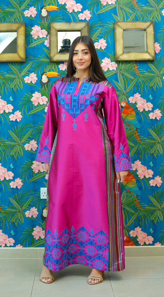 Hand Embroidered Modern Silk Thobe: Pink